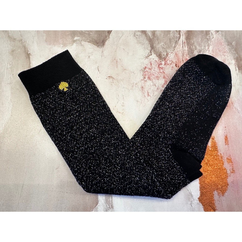 Kate Spade New York Black Silver Metallic Glitter Crew Women's Socks Gold Logo
